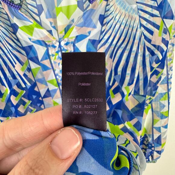 Hale Bob | Blue & Green Print Beaded Embellished V-neck Long Sleeve Blouse - Picture 11 of 12